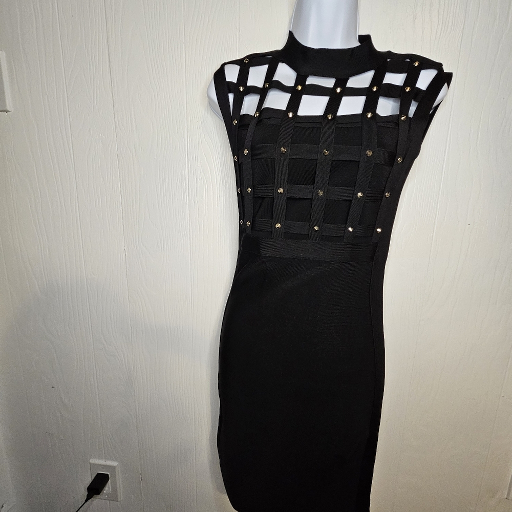 BEBE Black Bodycon Cage Dress With Gold Spike Accents